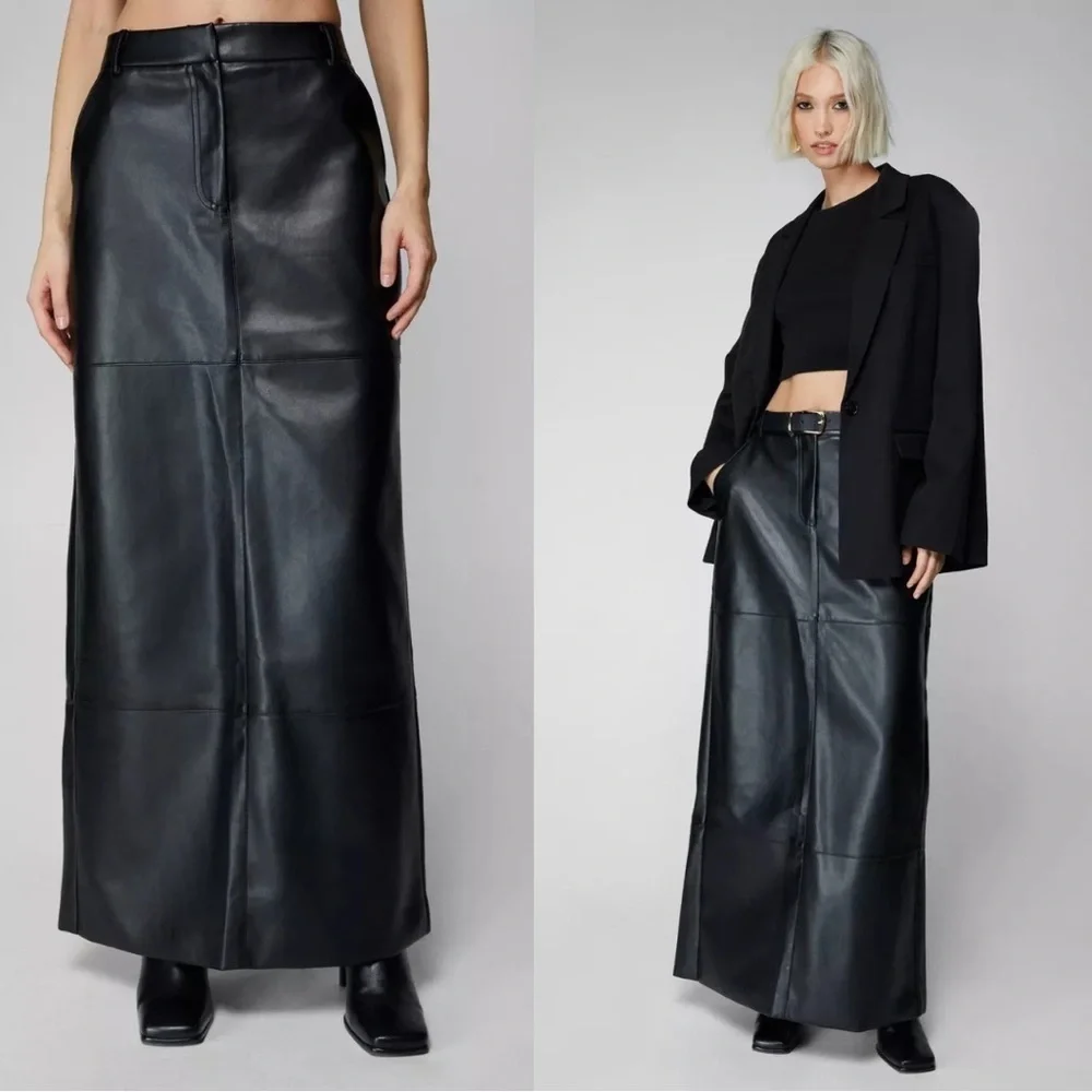 Nasty Gal Faux Leather Bonded Tailored Mid Rise Maxi Skirt in Black Size 2 NEW